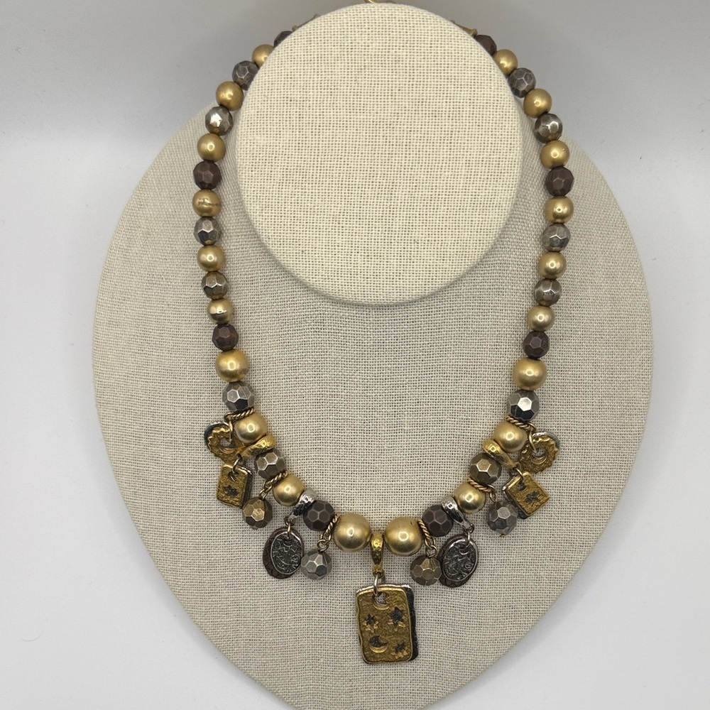 Liz Claiborne celestial-inspired gold, silver, copper metal bead collar necklace